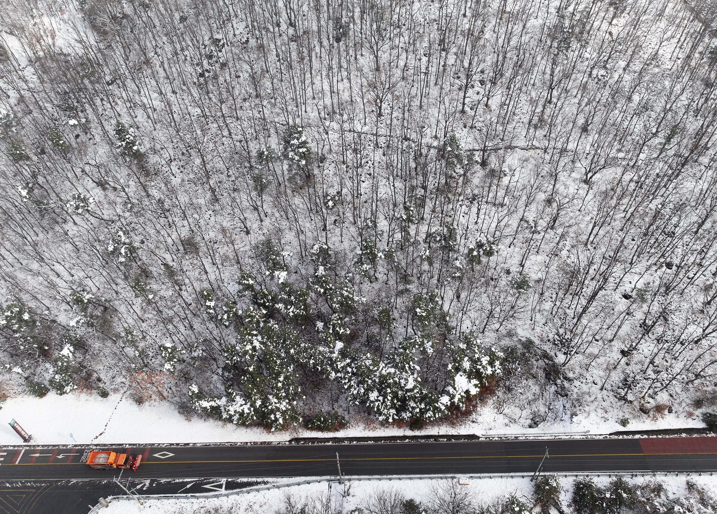 A snow removal truck clears ice on a road in Chilgok County, North Gyeongsang on Feb. 25. [YONHAP] 