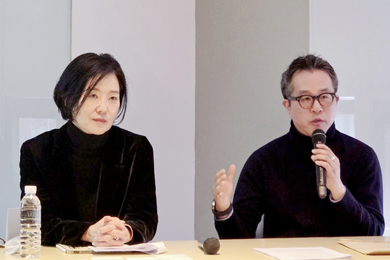 Director Janice Kim, left, and Head of Operations Kim Dong-hyun speak to reporters about the upcoming Hive Art Fair, at Sommerset Palace Seoul in Jongno District, central Seoul, on Feb. 26. [YONHAP]