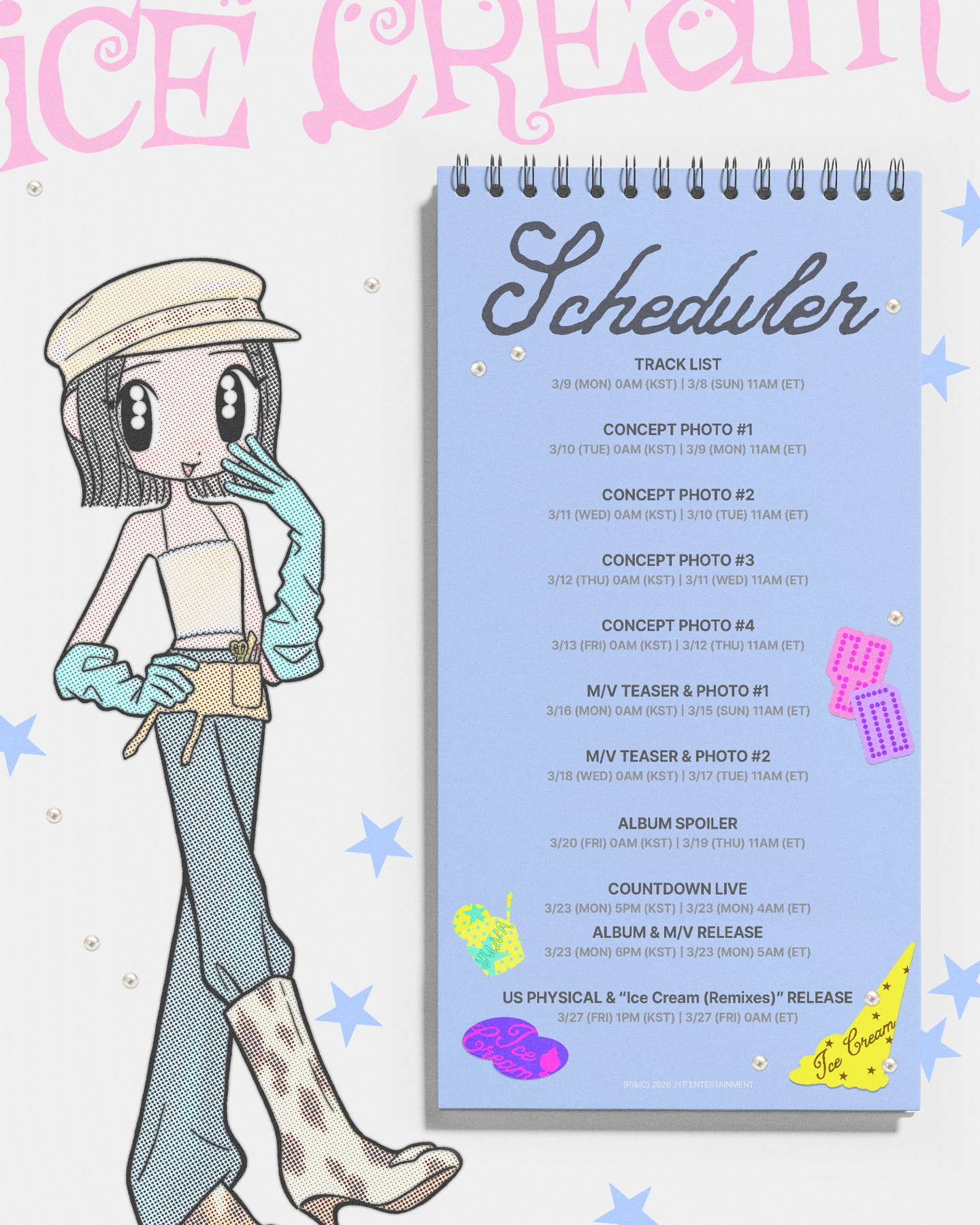 Promotional events schedule for Yuna's EP, "Ice Cream," set to release on March 23 [JYP ENTERTAINMENT]