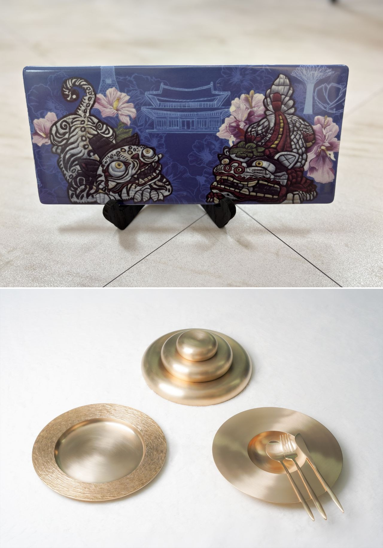 A commemorative ceramic plate marking the 50th anniversary of diplomatic ties between Korea and Singapore, gifted to Singaporean Prime Minister Lawrence Wong, above, and a set of brassware Western-style cutlery gifted to Wong’s spouse, Loo Tze Lui [BLUE HOUSE]
