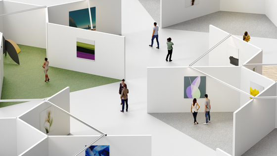 A digitally rendered image of the upcoming Hive Art Fair, featuring hexagonal clusters that contain booths [HIVE ART FAIR]