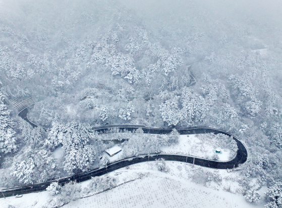 Heavy snowfall covers Guryongryeong, an old road in Yangyang County, Gangwon, on March 2. This comes after forecasts of heavy snowfall in northern regions by weather authorities. [YONHAP]