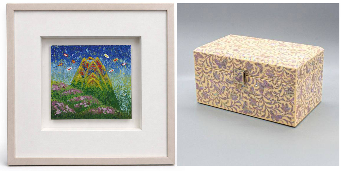 A landscape painting depicting the spring scenery of Mount Halla on Jeju Island, gifted to Singaporean President Tharman Shanmugaratnam, left, and a mother-of-pearl lacquerware box inlaid with butterflies and arabesque patterns gifted to Singaporean first lady Jane Yumiko Ittogi [BLUE HOUSE]