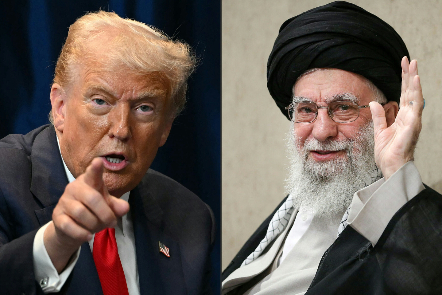 This combination of pictures created on Feb. 20 shows U.S. President Donald Trump, left, gesturing during a bilateral meeting on the sidelines of the 47th Association of Southeast Asian Nations Summit in Kuala Lumpur on Oct. 26, 2025; and a handout picture provided by the office of Iran's Supreme Leader Ayatollah Ali Khamenei shows him waving during a ceremony in Tehran on Aug. 24, 2025. Iran's state TV on March 1 confirmed the death of Iranian supreme leader Khamenei after the United States announced that he had been killed in strikes on Iran. [AFP/YONHAP]