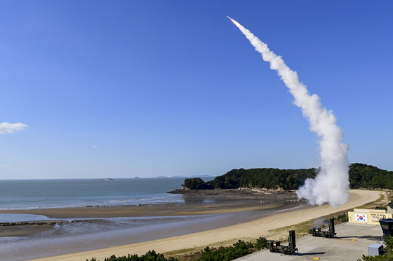 LIG Nex1's medium-range surface-to-air missile, the Cheongung, is launched near the West Sea in 2024. [JOINT CHIEFS OF STAFF] 