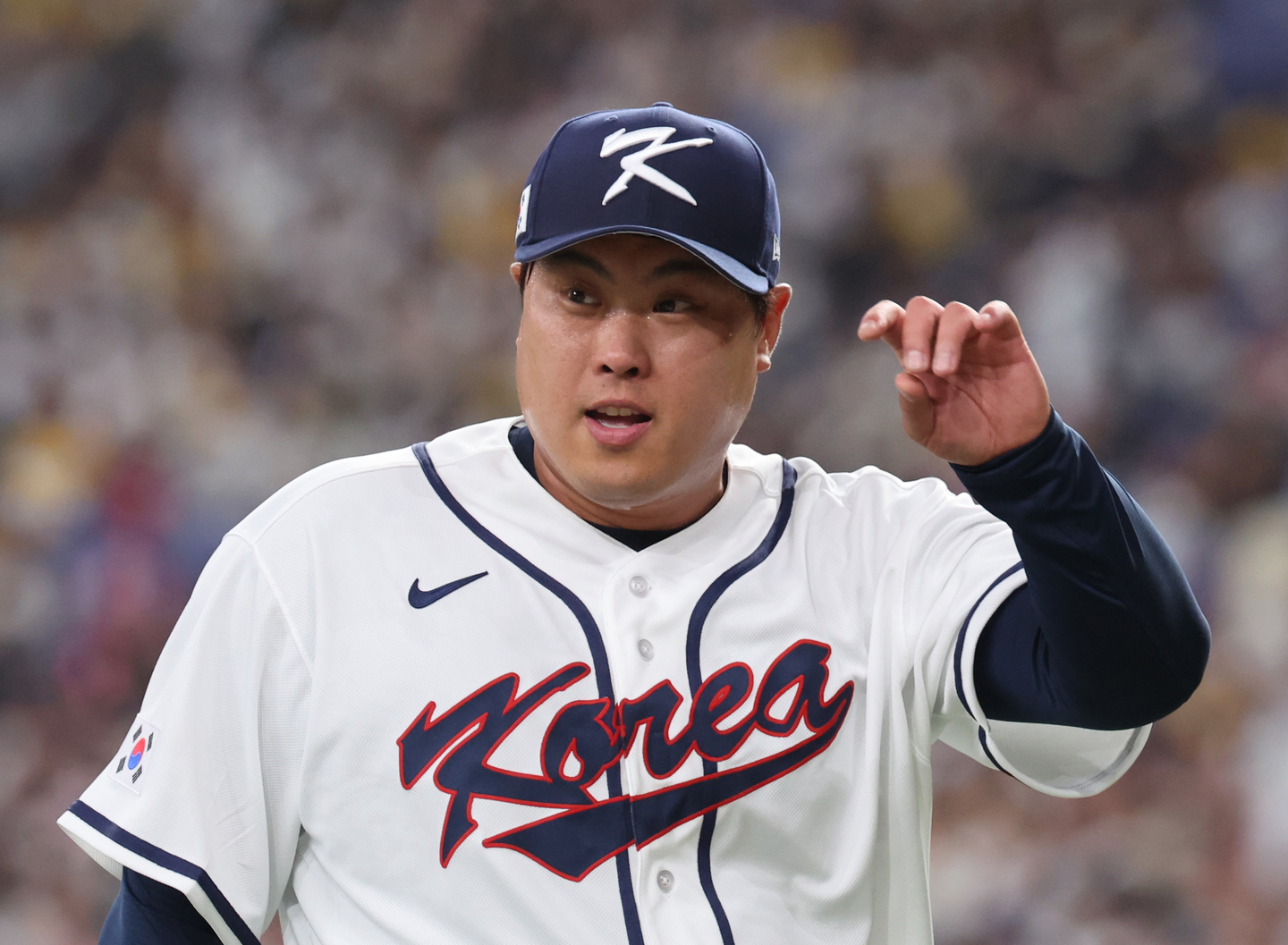 Ryu Hyun-jin of Korea reacts after completing the bottom of the seventh inning of an exhibition game against the Hanshin Tigers ahead of the World Baseball Classic at Kyocera Dome in Osaka on March 2. [YONHAP]