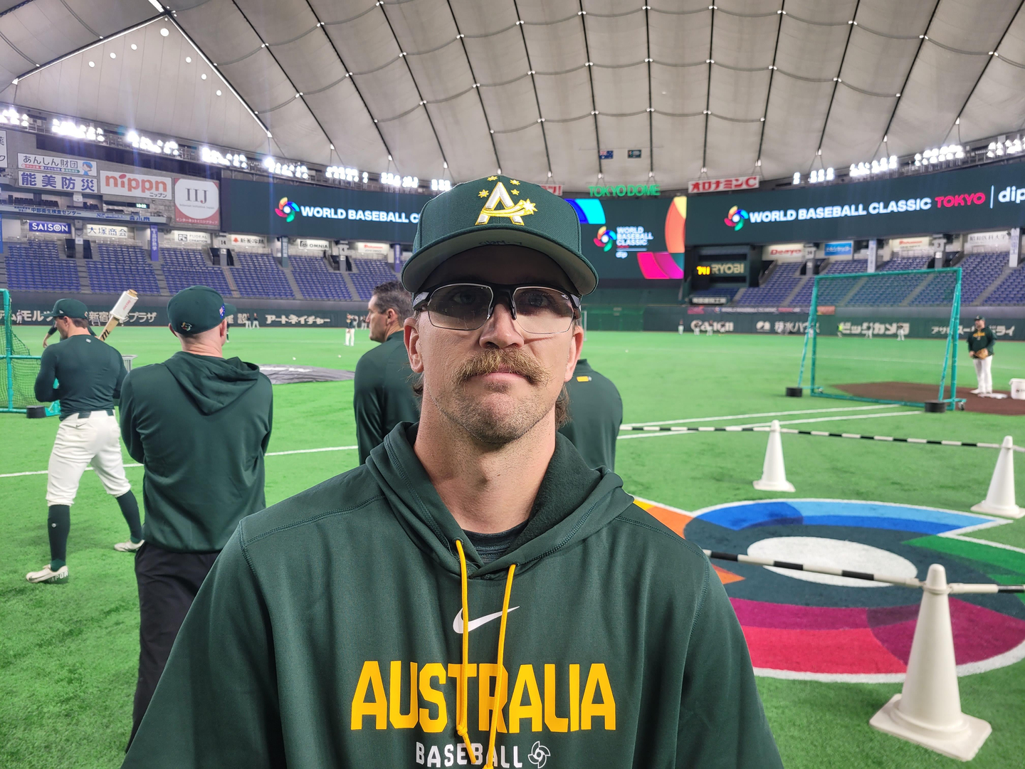 Australian pitcher Lachlan Wells poses for a photo after an interview with Yonhap News Agency at Tokyo Dome in Tokyo on March 4. 