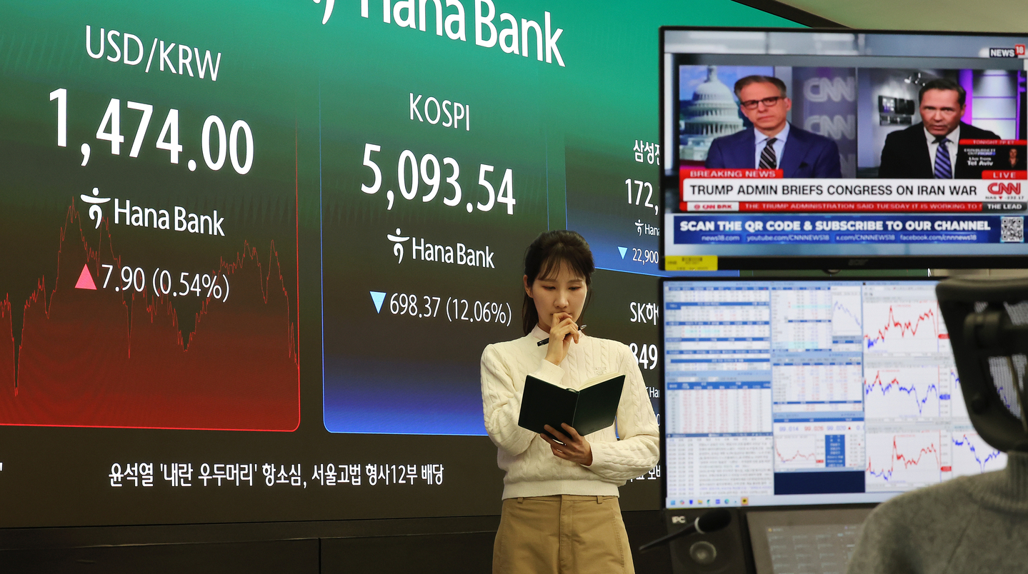 The Kospi and dollar-exchange rate is shown on a screen at Hana Bank's trading room in central Seoul on March 4. [YONHAP]