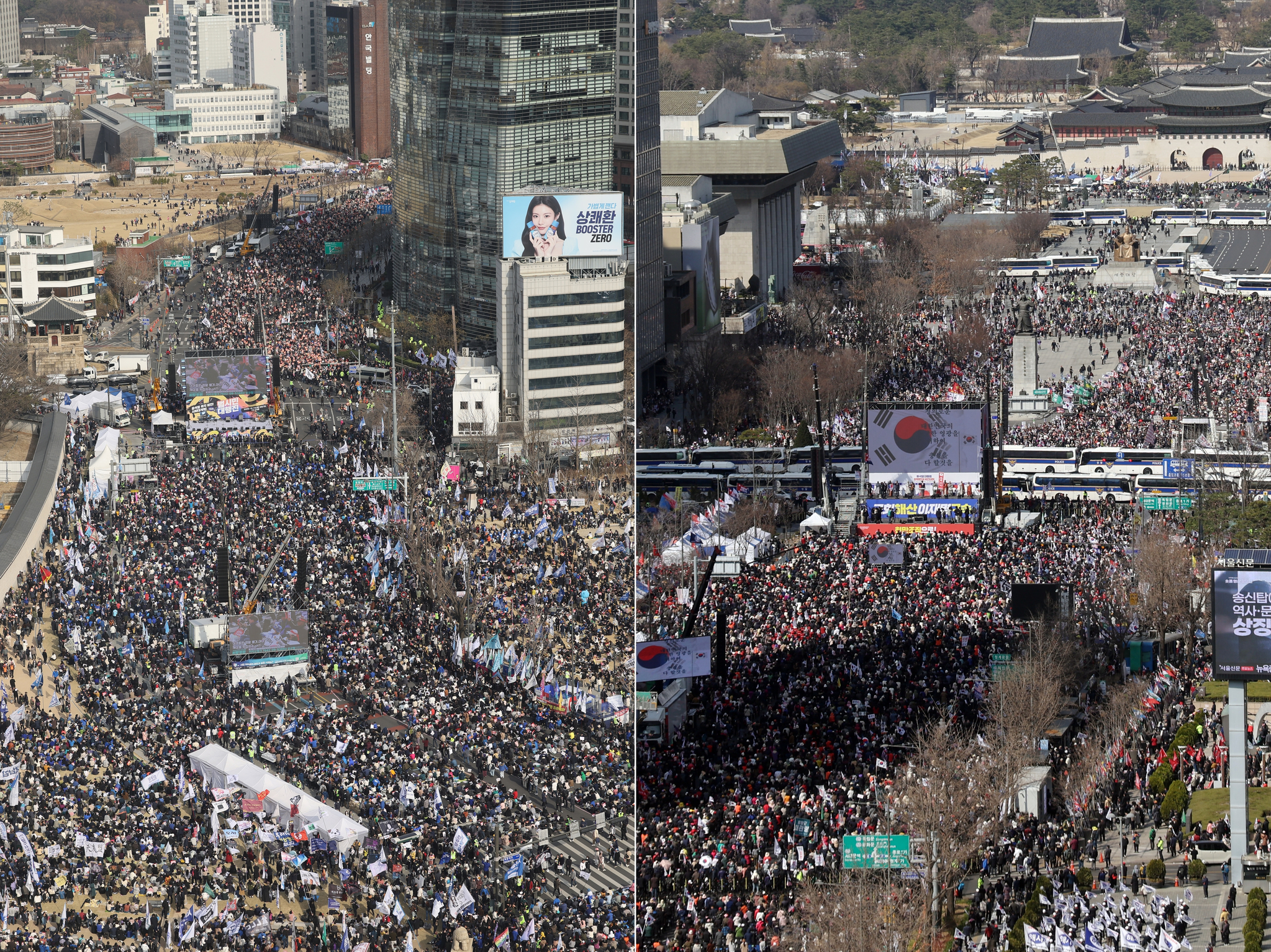 Protesters for President Yoon Suk Yeol's impeachment, left, and protesters against the impeachment rally at central Seoul, on March 15, 2025. [YONHAP]