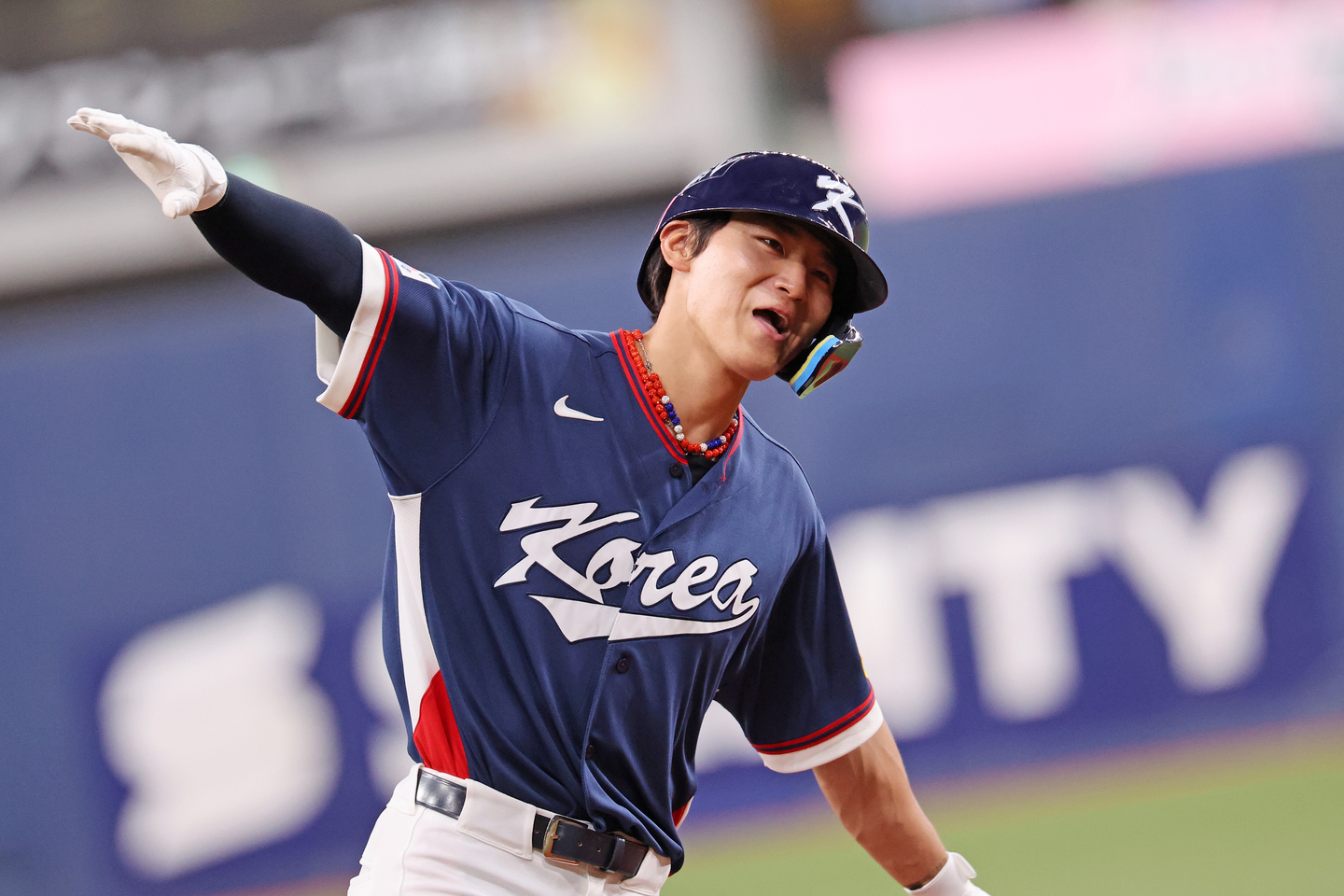 Kim Do-yeong of Korea celebrates after hitting a three-run home run against the Orix Buffaloes during an exhibition game ahead of the World Baseball Classic at Kyocera Dome in Osaka on March 3. [YONHAP] 