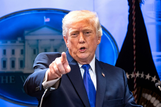 U.S. President Donald Trump addresses a press conference about the Supreme Court's striking down of most of his tariffs in the briefing room at the White House in Washington on Feb 20. [EPA/YONHAP]