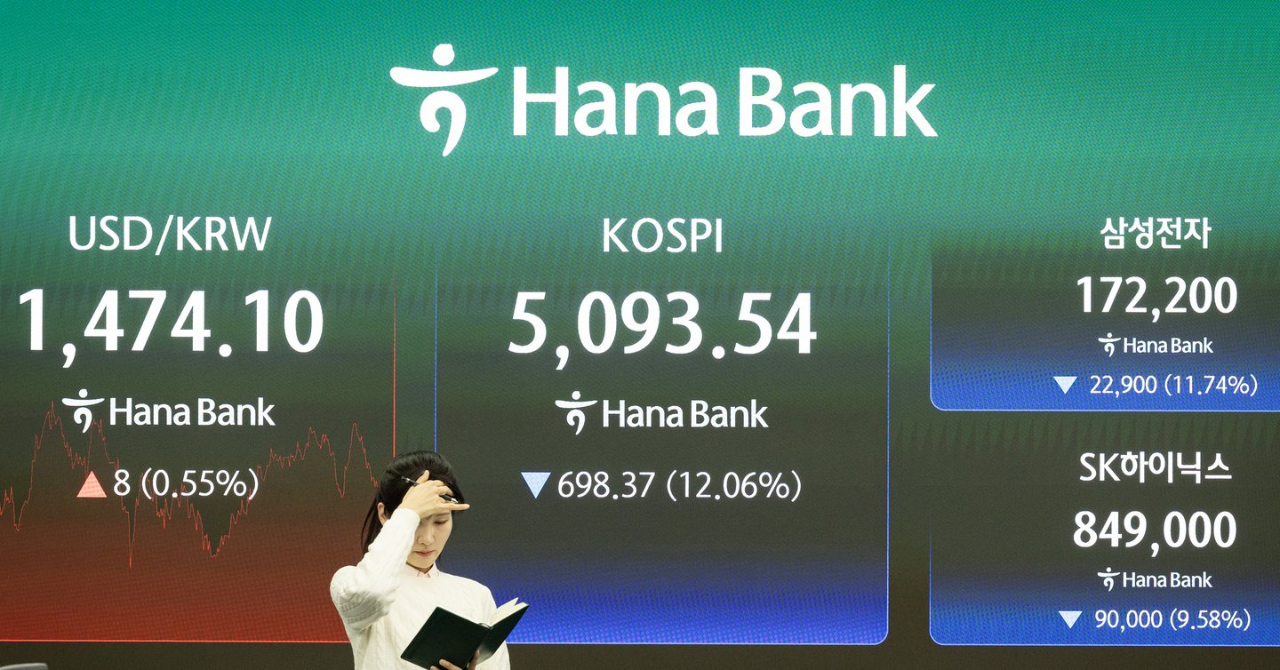 The Kospi index is displayed on a screen at Hana Bank’s headquarters in Jung District, central Seoul, on the afternoon of March 4, after the benchmark index fell for a second straight day amid armed clashes involving the United States, Israel and Iran. [JUN MIN-KYU]