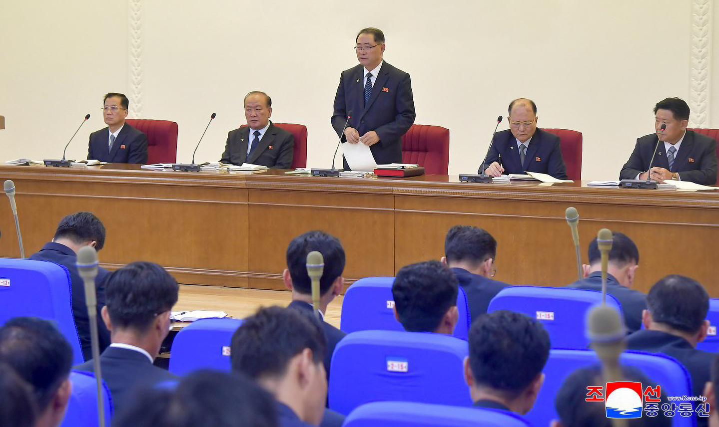 This file photo from the Korean Central News Agency shows a meeting of the Workers' Party of Korea Committee of the North Korean Cabinet, held July 7, 2025, and presided over by Premier Pak Thae-song, center. [YONHAP] 