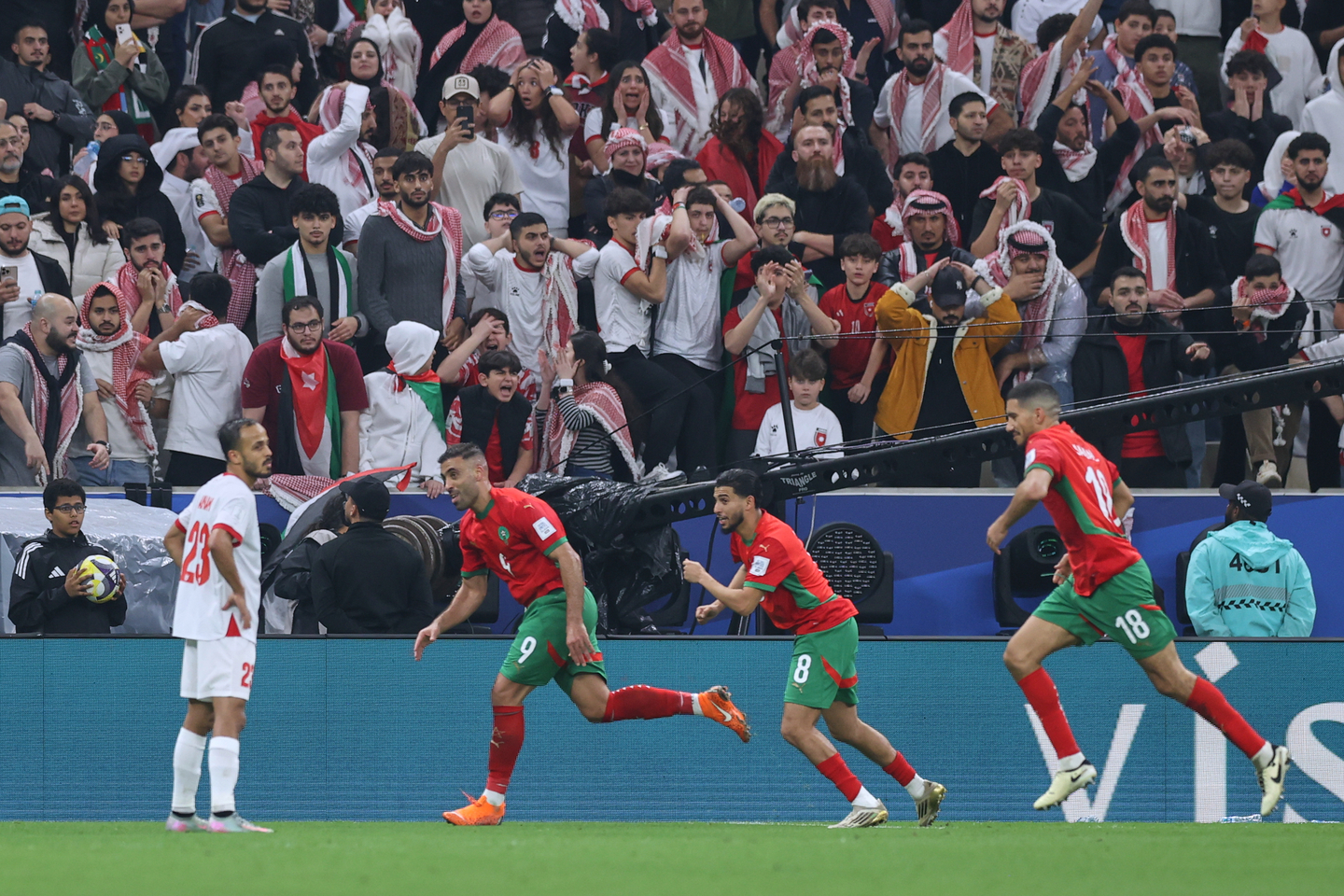 Morocco's Abderrazzaq Hamed Allah, second from left, celebrates after scoring his side's third goal in the FIFA Arab Cup final against Jordan in Lusail, Qatar, on Dec. 18, 2025. [AP/YONHAP]