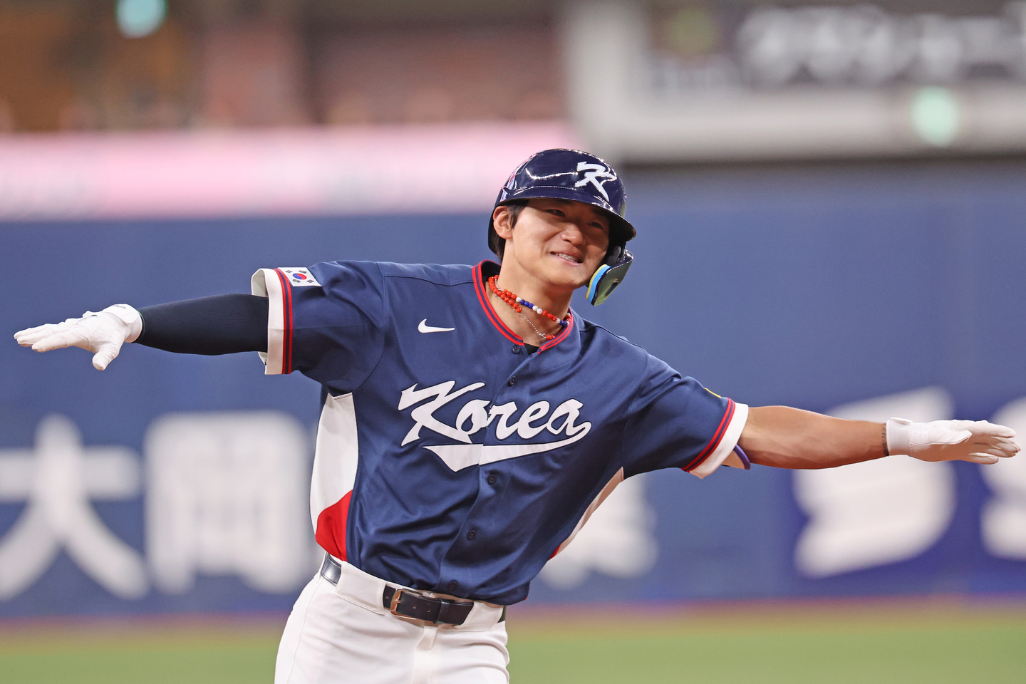 Kim Do-yeong celebrates after hitting a three-run home run against the Orix Buffaloes during an exhibition game ahead of the World Baseball Classic at Kyocera Dome in Osaka on March 3. [YONHAP] 