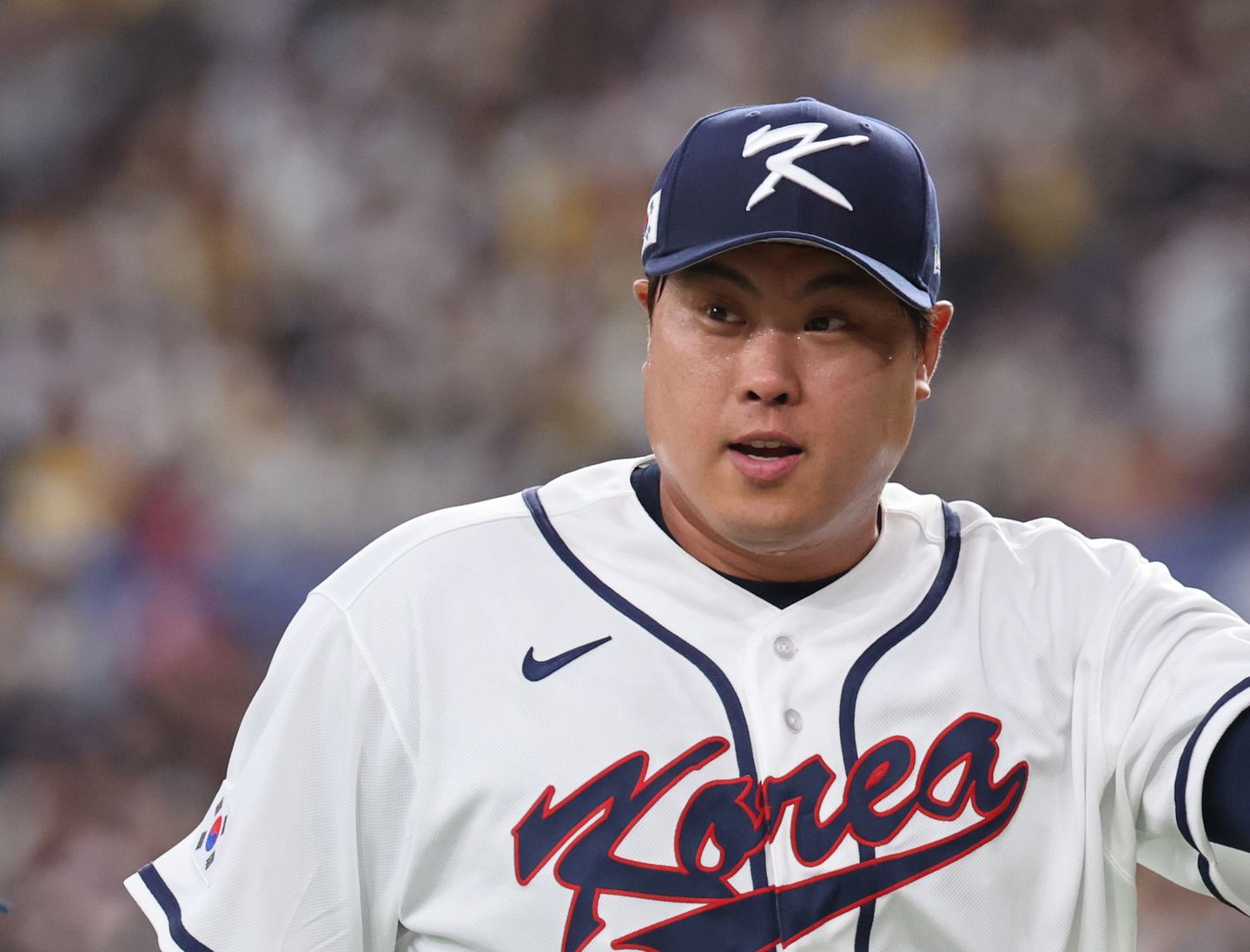 Ryu Hyun-jin of Korea reacts after completing the bottom of the seventh inning of an exhibition game against the Hanshin Tigers ahead of the World Baseball Classic at Kyocera Dome in Osaka on March 2. [YONHAP]