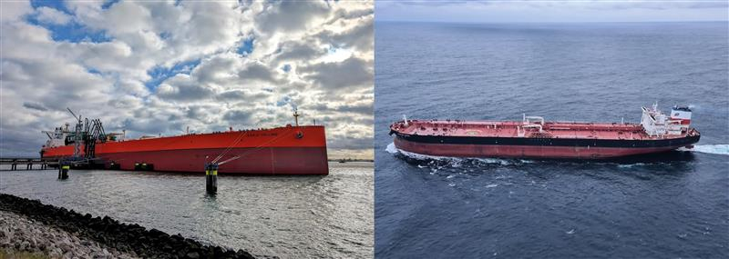 Two Korea-bound ships, Eagle Vellore, left, and Very Lucky, narrowly escaped the U.S.-Iran conflict at the Strait of Hormuz and are scheduled to arrive at Korea's Daesan Port in South Chungcheong in mid-March. [MARINE TRAFFIC]