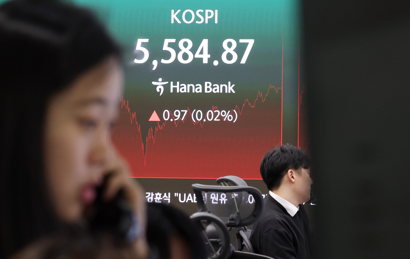 A screen in Hana Bank's trading room in central Seoul shows the Kospi closing at 5,584.87 on March 6, up 0.97 points, or 0.02 percent from the previous trading session. [YONHAP]