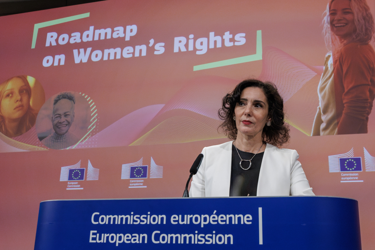 EU Commissioner for Equality; Preparedness and Crisis Management Hadja Lahbib presents the European Commission Roadmap for Women's Rights, in Brussels, Belgium, on March 7, 2025. [EPA/YONHAP]