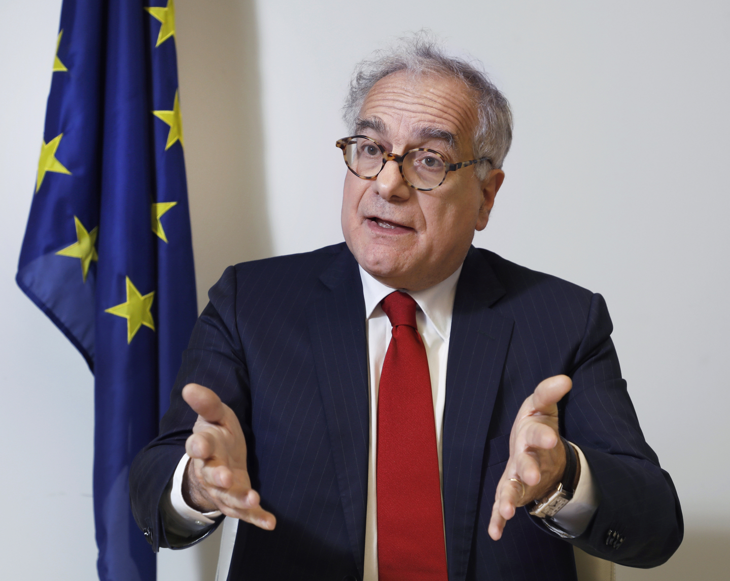 EU Ambassador to Korea Ugo Astuto speaks during an interview with the Korea JoongAng Daily marking International Women's Day and the bloc's “Women in STEM” initiative at the EU Delegation in central Seoul on Feb. 26. [PARK SANG-MOON]