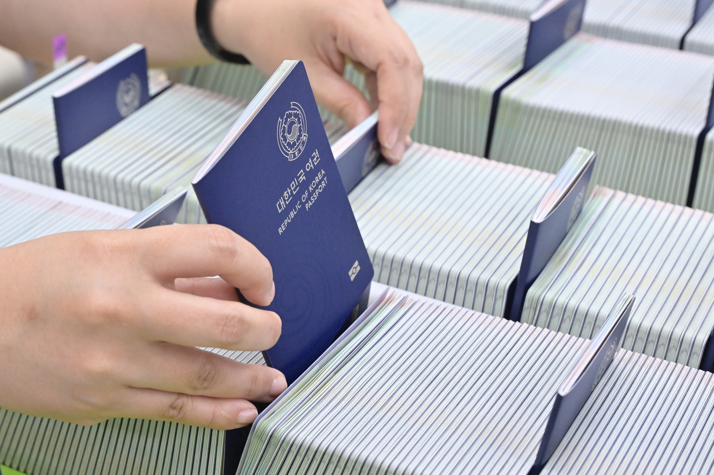 A worker organizes newly issued passports at the Suwon City Passport Office in Suwon, Gyeonggi, on July 2, 2025. [JOINT PRESS CORPS]