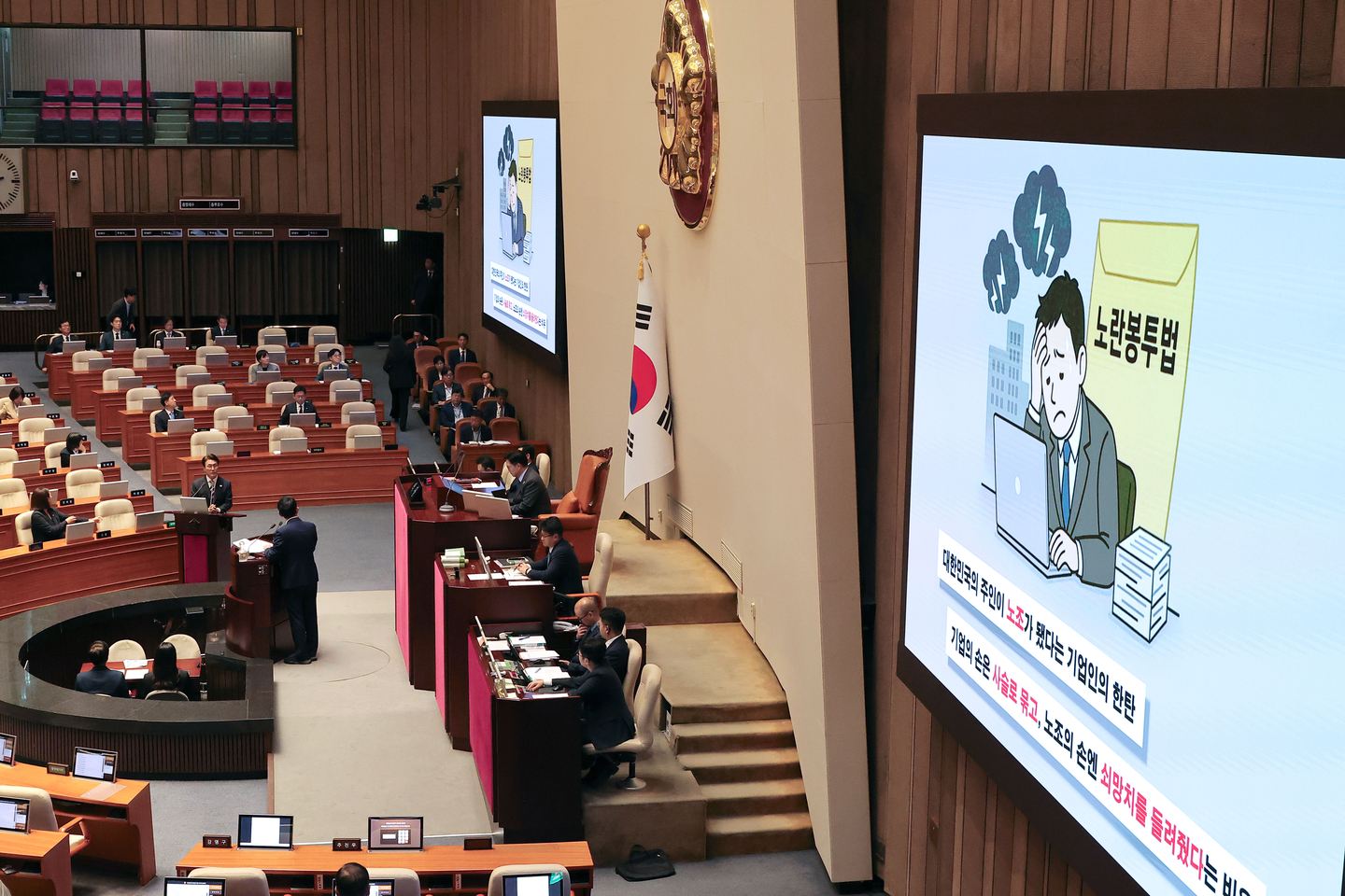Prime Minister Kim Min-seok listens to a question from People Power Party Rep. Kim Sang-hoon regarding the pro-labor ″Yellow Envelope″ bill during a National Assembly plenary session for interpellations on economic affairs in western Seoul on Sept. 17, 2025. [YONHAP]