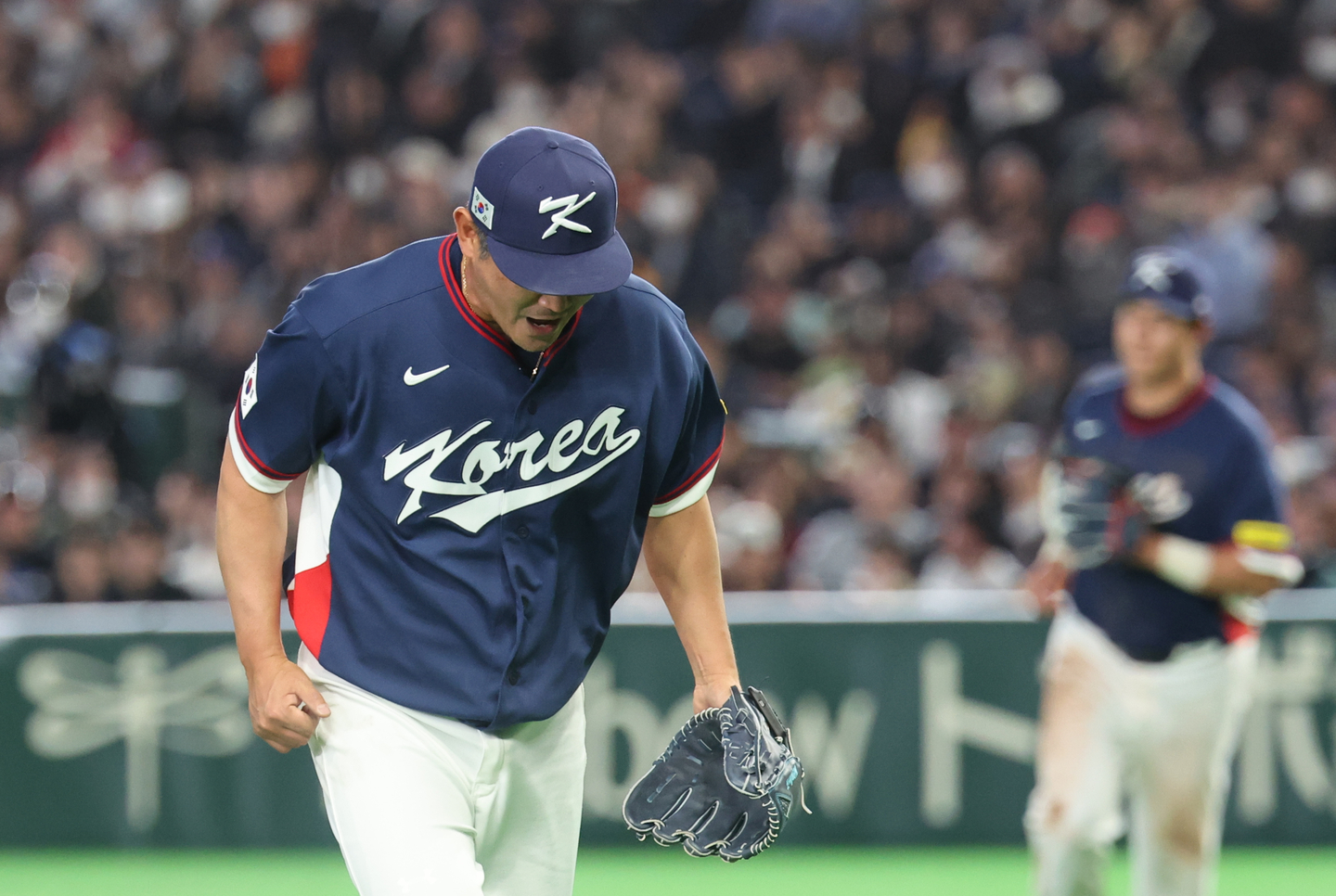 Noh Kyung-eun of Korea celebrates after completing the bottom of the third inning of a Pool C game against Australia at the World Baseball Classic at Tokyo Dome in Tokyo on March 9. [YONHAP]