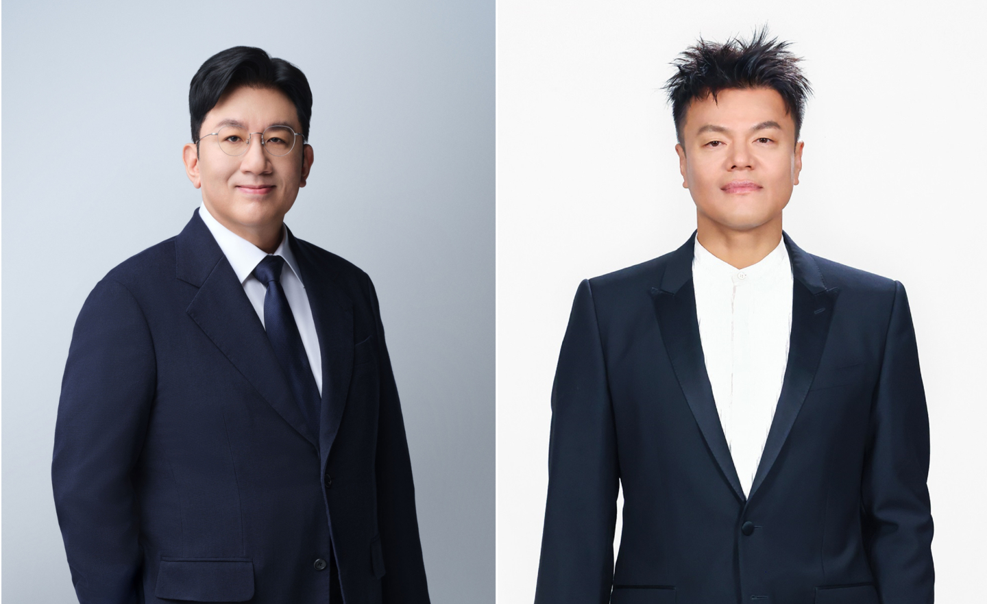 A photo of HYBE chairman Bang Si-hyuk, left, and JYP Entertainment chairman Park Jin-young [HYBE, JYP ENTERTAINMENT]