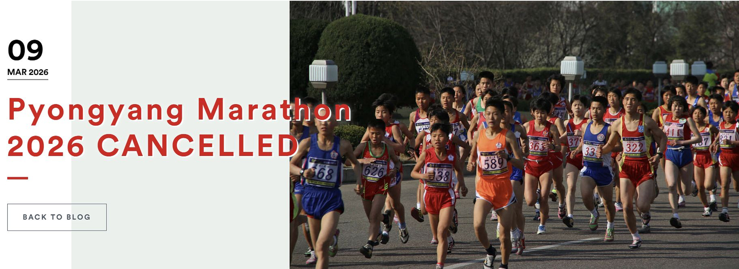Beijing-based North Korea tourism agency Koryo Tours website's post announcing the cancellation of the 2026 Pyongyang International Marathon [SCREEN CAPTURE]