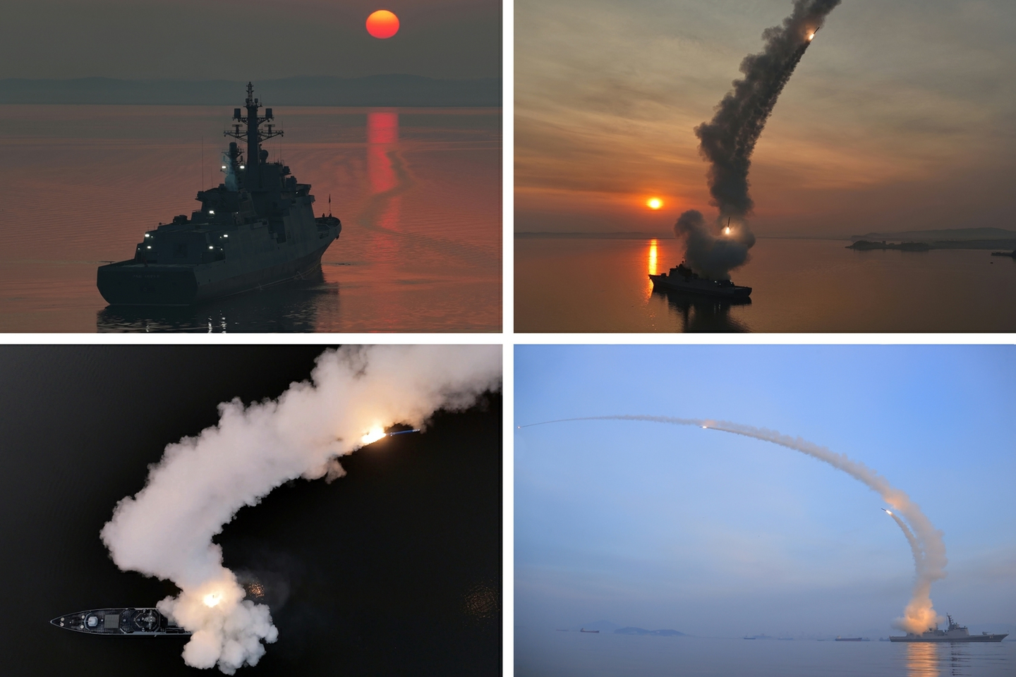 North Korea’s 5,000-ton destroyer Choe Hyon launches a strategic cruise missile on March 10 in these photos carried by the state-run Rodong Sinmun on March 11. [NEWS1] 
