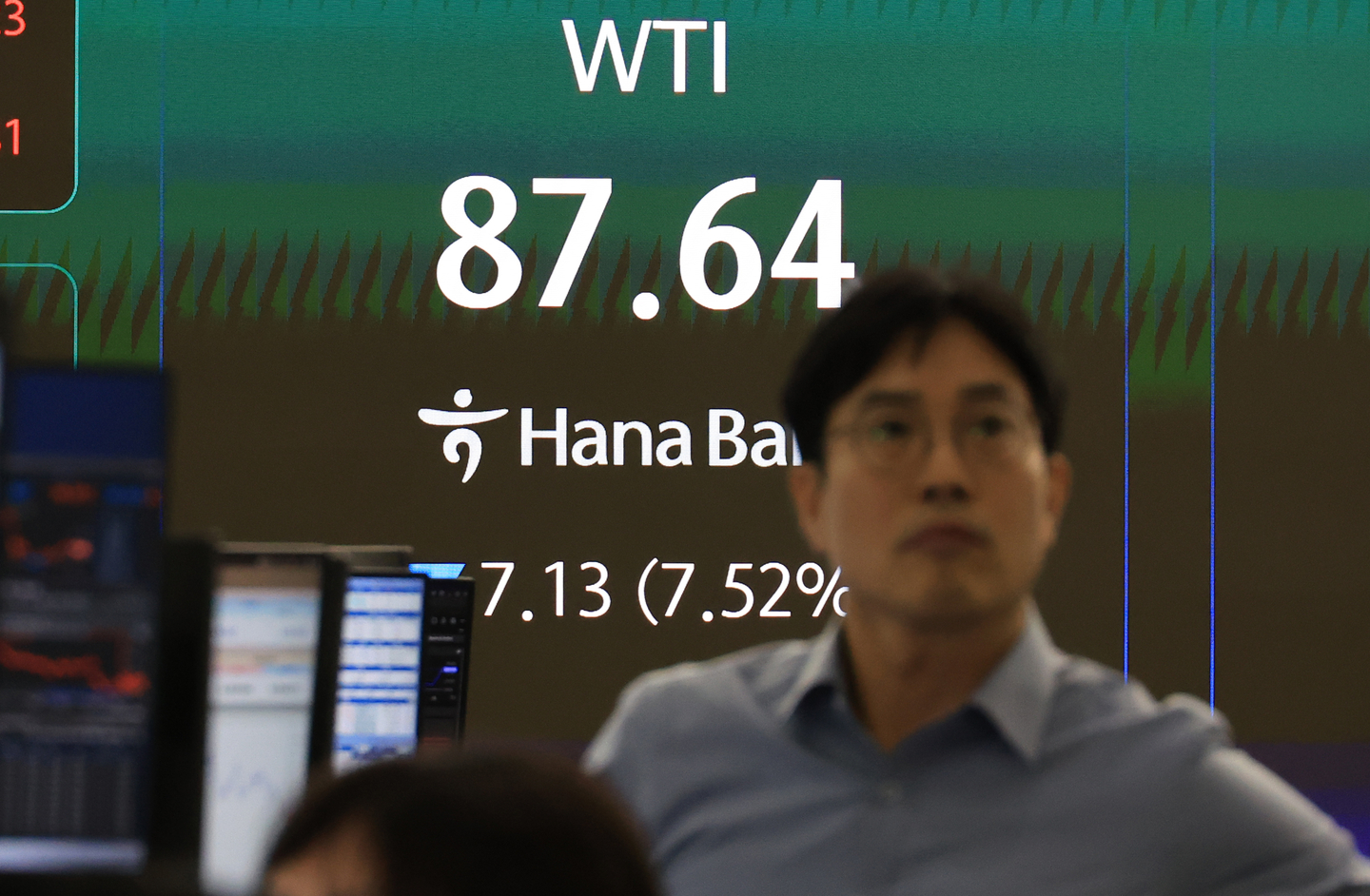 West Texas Intermediate crude futures prices are displayed on a screen in the trading room of Hana Bank’s headquarters in Jung District, central Seoul, on March 10. [YONHAP]