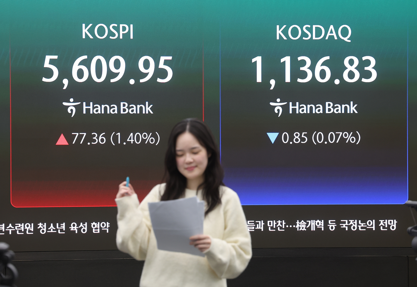 A screen in Hana Bank's trading room in central Seoul shows the Kospi closing at 5,609.95 on March 11, up 77.36 points, or 1.4 percent, from the previous trading session. [YONHAP]