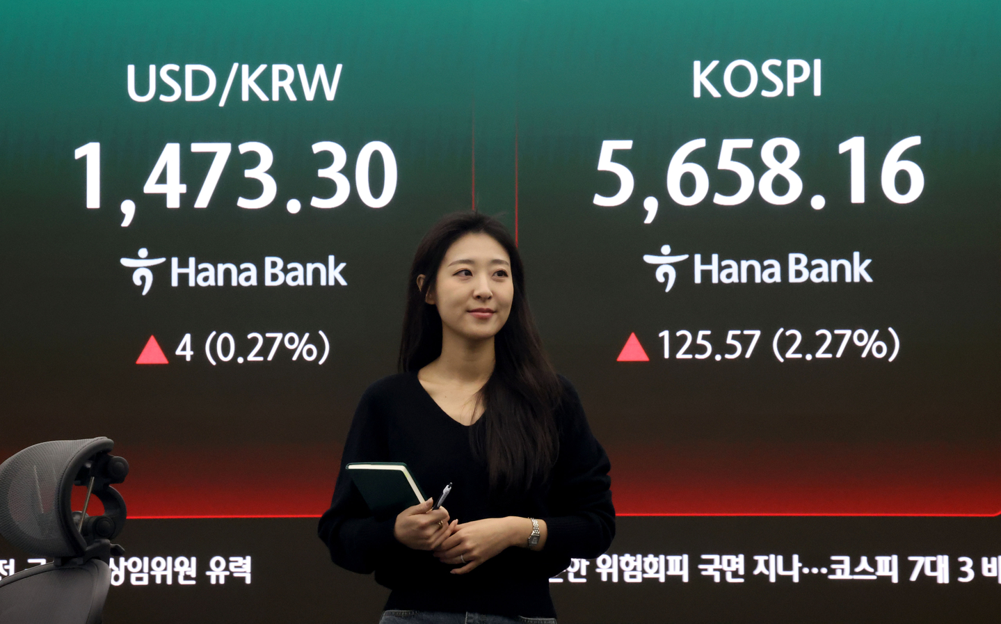 A screen in Hana Bank's trading room in central Seoul shows the Kospi in the morning hours of March 11. [NEWS1]