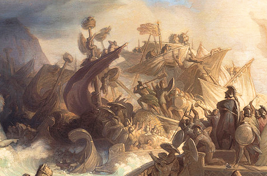 On Sept. 25, 480 BCE, the Greek allied fleet led by Athenian commander Themistocles defeated the Persian navy at Salamis, securing Greece’s victory in the Second Persian War. Shown here is “The Battle of Salamis” (1868) by German painter Wilhelm von Kaulbach. [WIKIPEDIA]