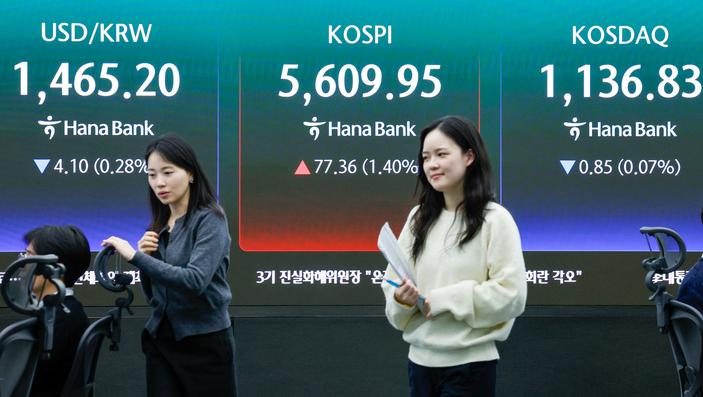 A screen in Hana Bank's trading room in central Seoul shows the Kospi in the morning hours of March 12. [NEWS1]