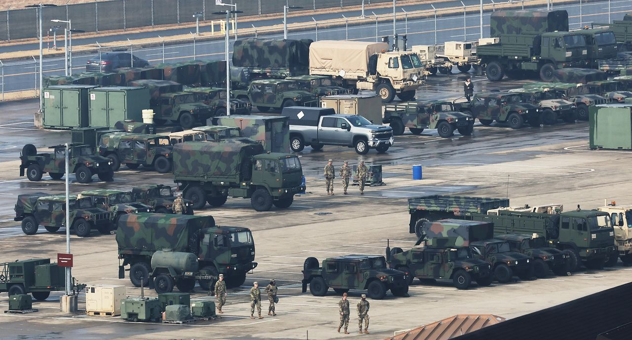 Vehicles are parked at Camp Humphreys in Pyeongtaek, Gyeonggi, on March 9 as the South Korea-U.S. Freedom Shield joint military exercise begins. [YONHAP]