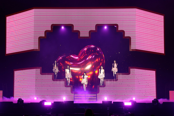 ILLIT performs during its “Press Start” world tour concert at Ticketlink Live Arena in southern Seoul on March 14. [BELIFT LAB]