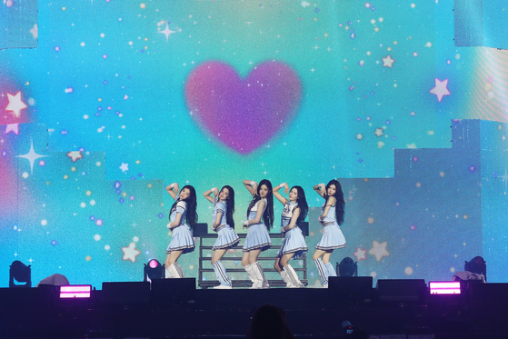 ILLIT performs during its “Press Start” world tour concert at Ticketlink Live Arena in southern Seoul on March 14. [BELIFT LAB]