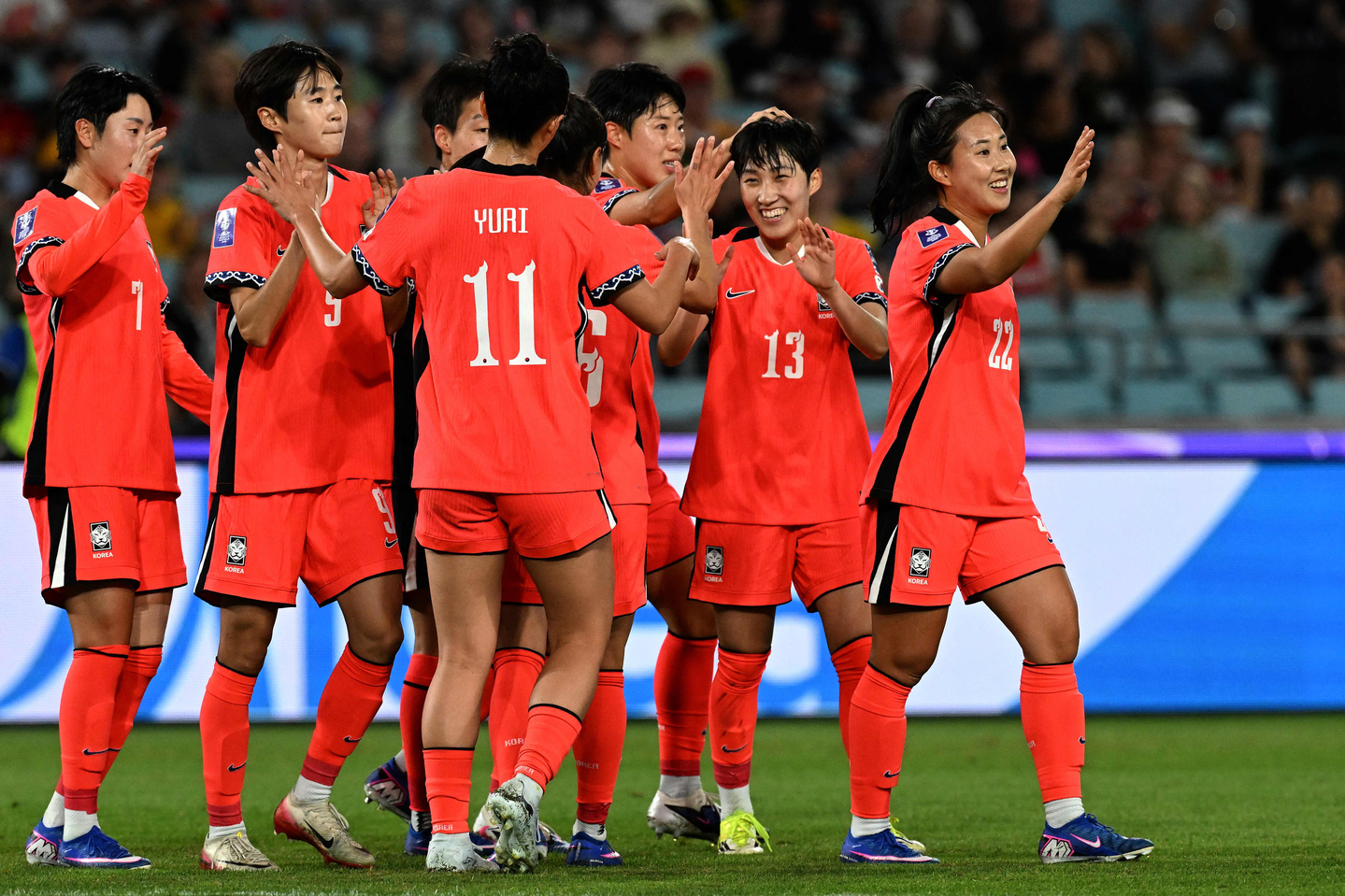 Korea's Park Soo-jeong, second from right, celebrates her goal with teammates during the AFC Women's Asian Cup Australia 2026 football match between Uzbekistan and Korea at Stadium Australia in Sydney on March 14. [AFP/YONHAP]