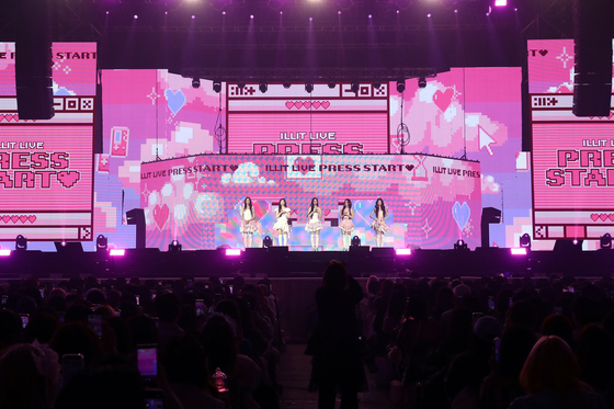 ILLIT performs during its “Press Start” world tour concert at Ticketlink Live Arena in southern Seoul on March 14. [BELIFT LAB]