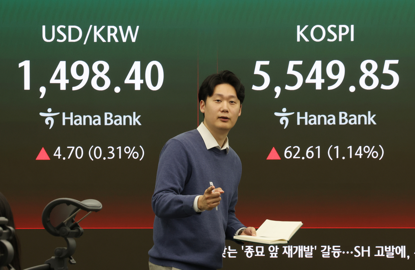 A screen in Hana Bank's trading room in central Seoul shows the Kospi closing at 5,549.85 points on March 16, up 62.61 points, or 1.14 percent, from the previous trading session. [YONHAP]