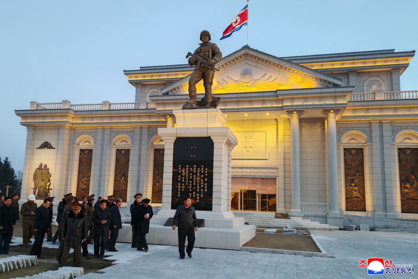 North Korean leader Kim Jong-un, right, inspects the construction site for the Memorial Museum of Combat Feats at the Overseas Military Operations in Pyongyang on March 16, 2026. [YONHAP] 