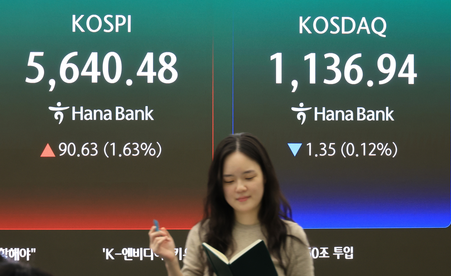 A screen at Hana Bank's trading room in central Seoul shows the Kospi closing at 5,640.48 on March 17, up 90.63 points, or 1.63 percent, from the previous trading session. [YONHAP]