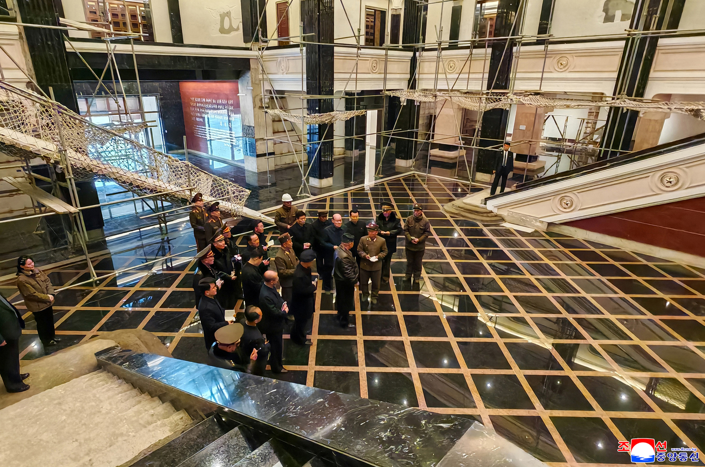 North Korean leader Kim Jong-un, front and center, inspects the construction site for the Memorial Museum of Combat Feats at the Overseas Military Operations in Pyongyang on March 16, 2026. [YONHAP] 