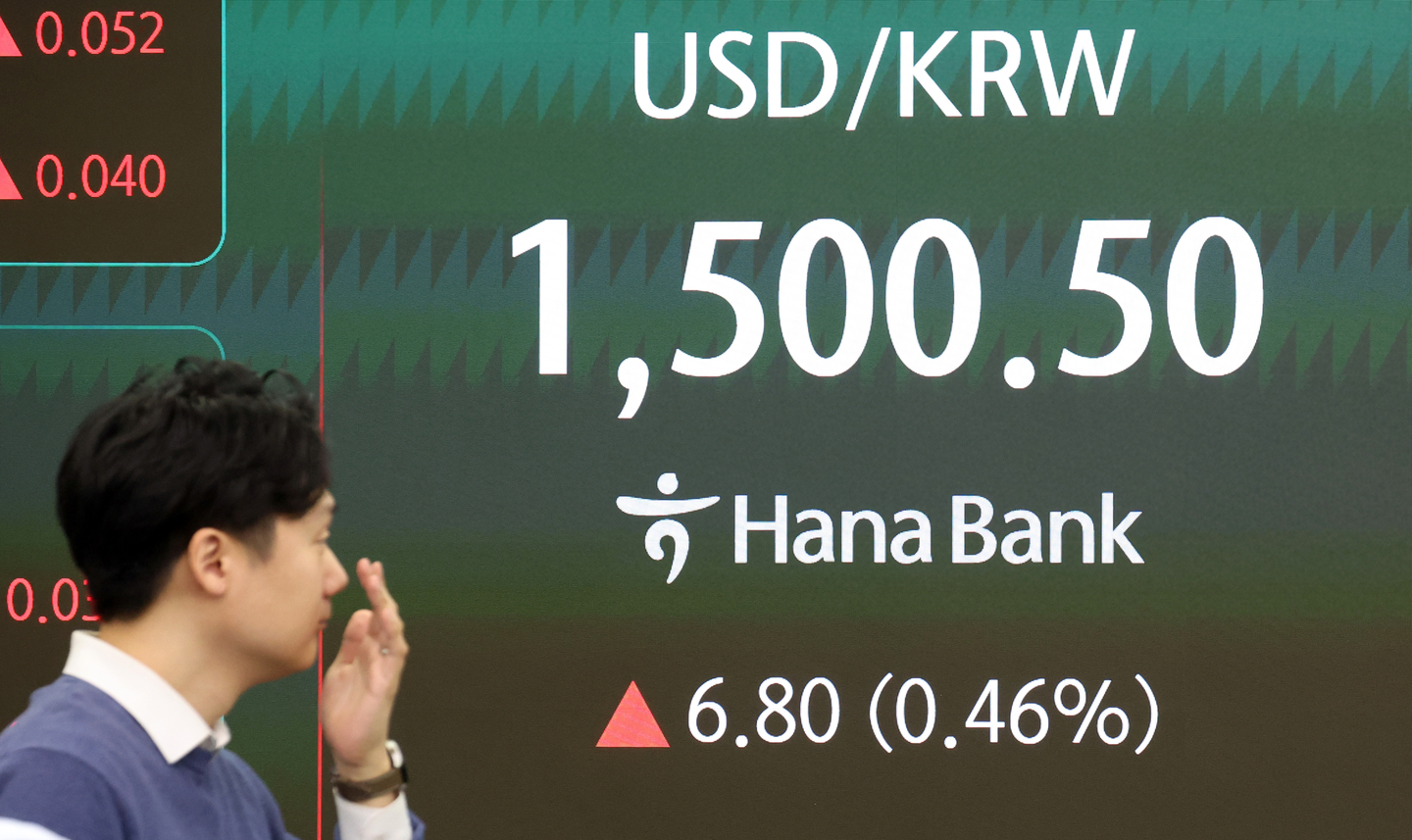 The dollar-won exchange rate opens above 1,500 won per dollar, sharply higher than the previous session, on an electronic board at the trading room of Hana Bank in Jung District, central Seoul, on the morning of March 16. [NEWS1]