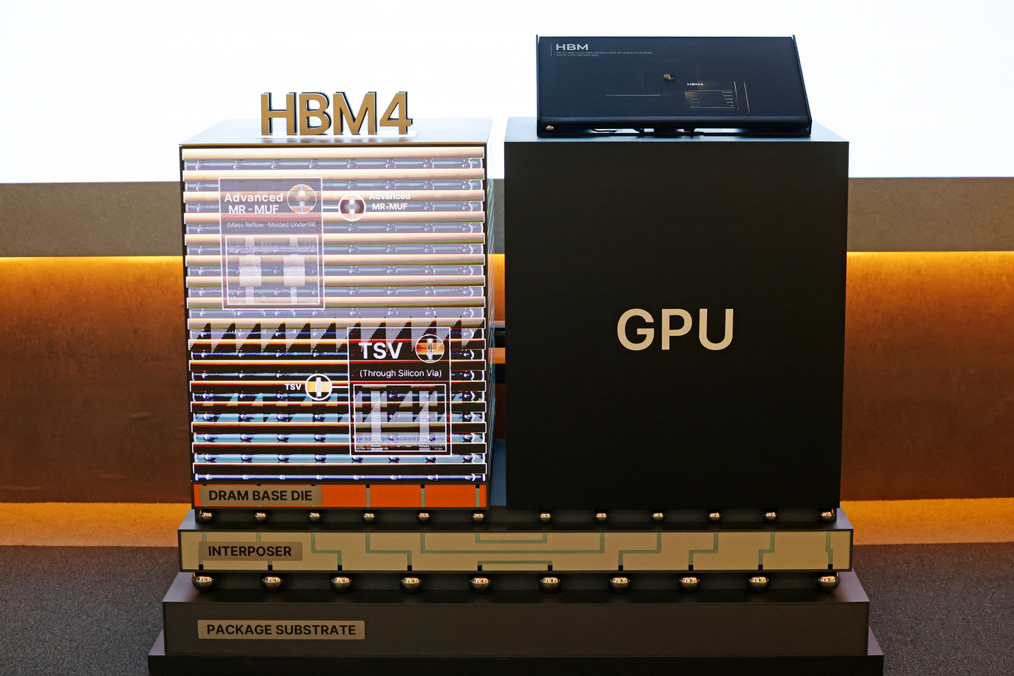 SK hynix's sixth-generation high bandwidth memory (HBM4) chips are displayed at SEDEX 2025, a semiconductor exhibition, held at southern Seoul's Coex on Oct. 22, 2025. [YONHAP]