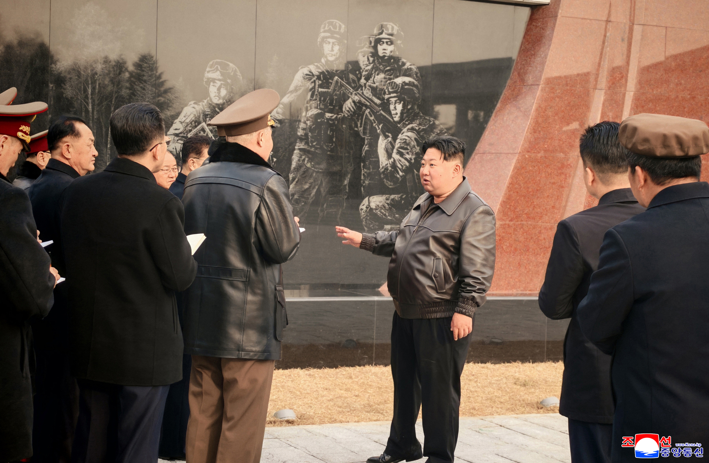 North Korean leader Kim Jong-un, center, inspects the construction site for the Memorial Museum of Combat Feats at the Overseas Military Operations in Pyongyang on March 16. [YONHAP]