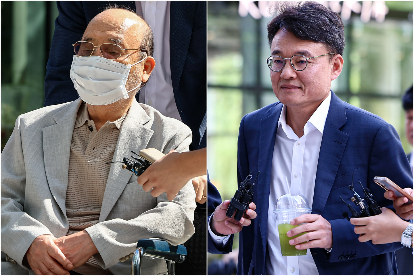 Lee Bong-kwan, chairman of Seohee Construction, left, and his son-in-law, Park Seung-keun, former chief of staff to the previous prime minister, arrive for questioning at the office of the special counsel investigating former first lady Kim Keon Hee in Jongno District, central Seoul, on Sept. 2, 2025. [NEWS1]