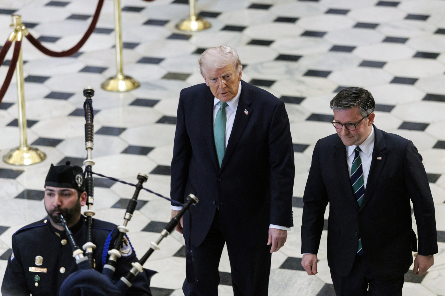 U.S. President Donald Trump, left, and U.S. House Speaker Mike Johnson leave the Annual Friends of Ireland Luncheon at the U.S. Capitol in Washington on March 26. [EPA/YONHAP] 