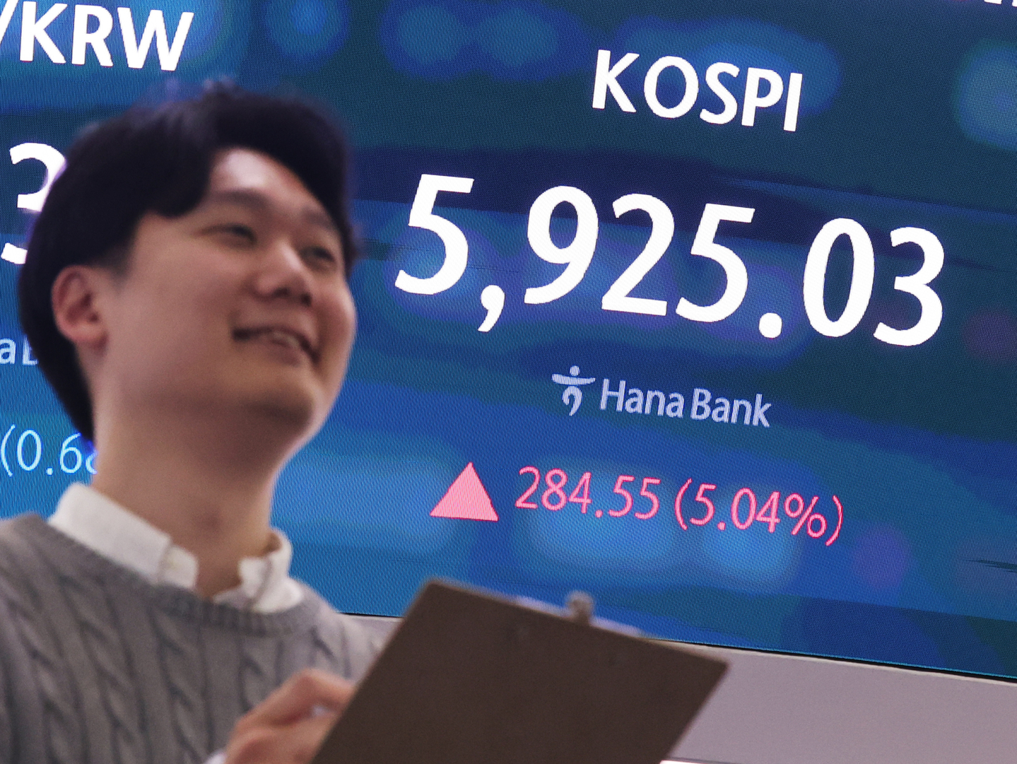 A screen at Hana Bank's trading room in central Seoul shows the Kospi closing at 5,925.03 on March 18, up 284.55 points, or 5.04 percent, from the previous trading session. [NEWS1]